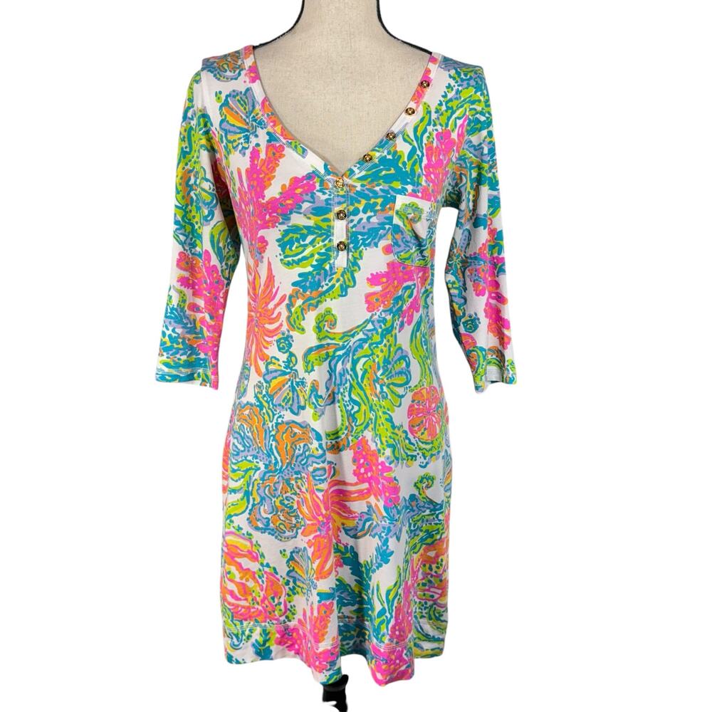 Lilly Pulitzer Medium Palmetto Mini Dress Stretch V-Neck 3/4 Sleeve Lightweight